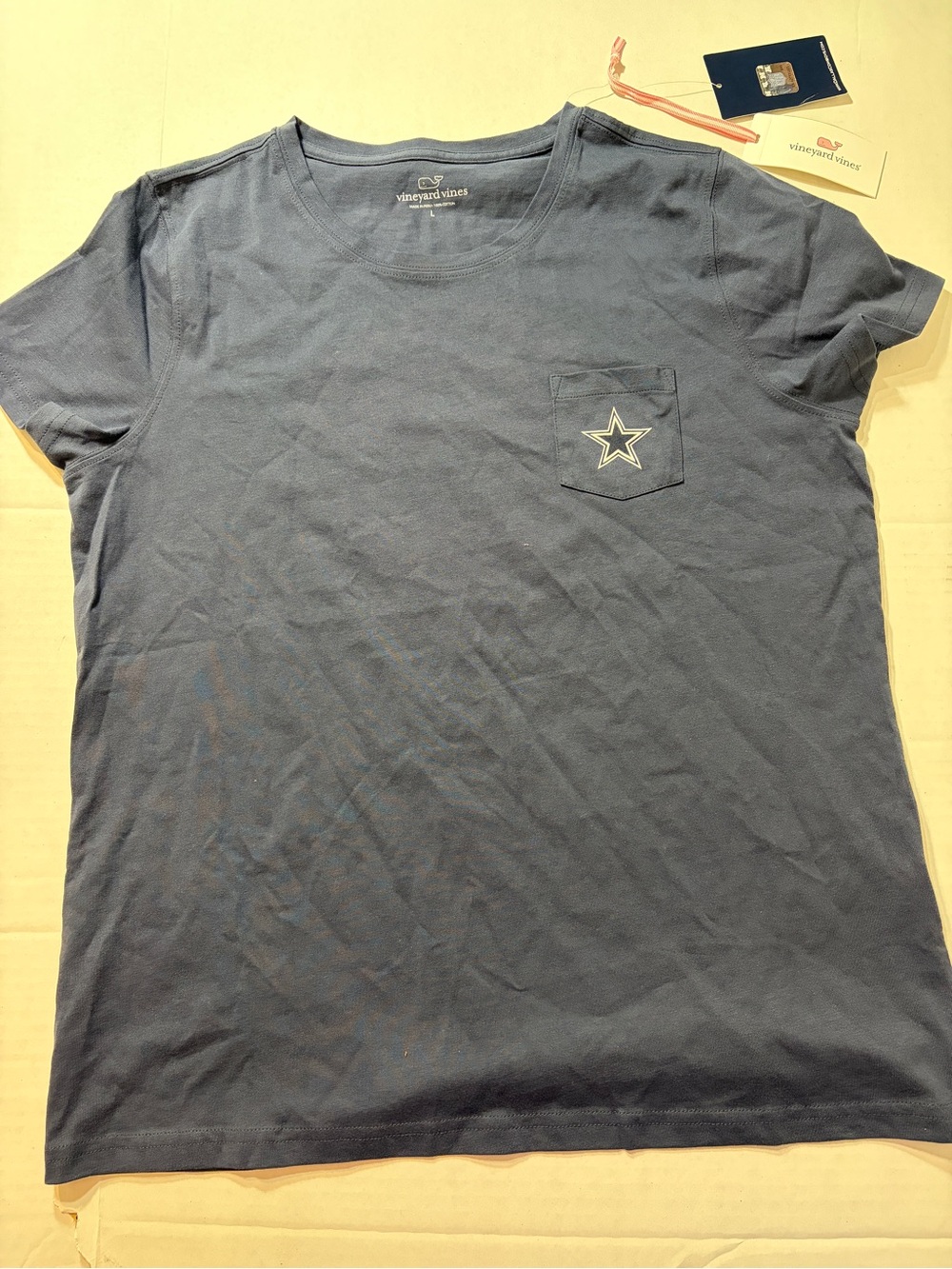 NEW! Dallas Cowboys L Short Sleeve Navy T-Shirt Tee Cotton Pocket 2-Sided*